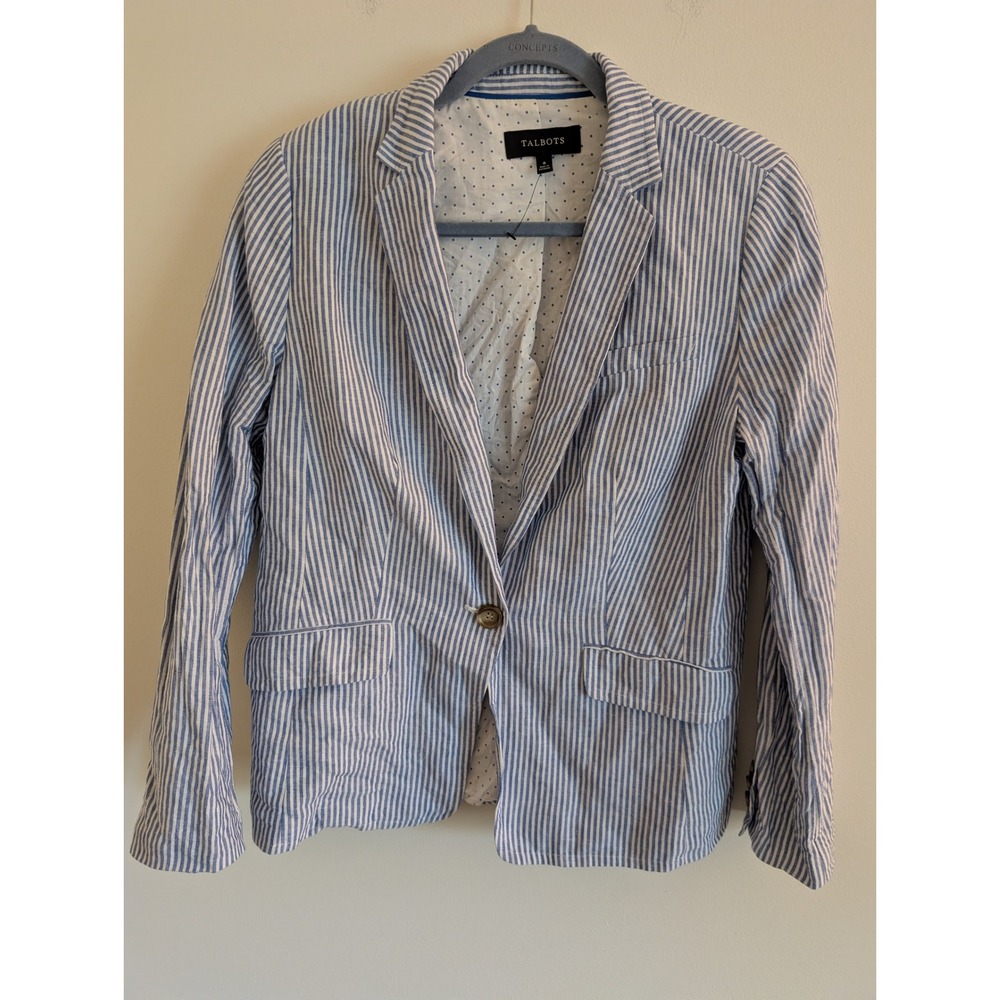 Talbots Womens Blue White Striped Linen Cotton Blazer Jacket Size 8 coastal